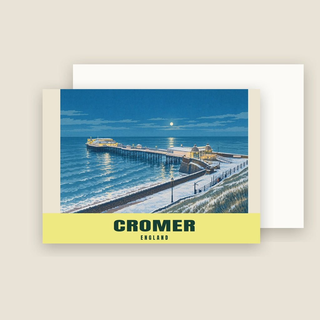 Cromer Pier winter Christmas card with its envelope