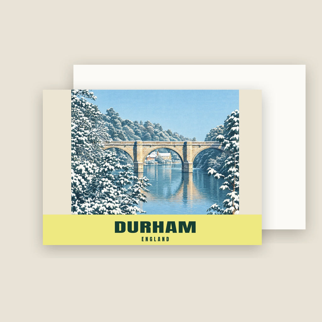 Prebends Bridge, Durham winter Christmas card with its envelope