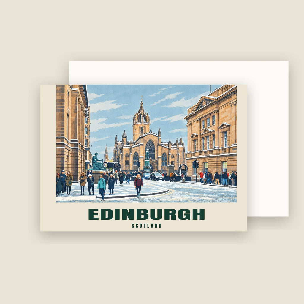 The Royal Mile, Edinburgh winter Christmas card with its envelope