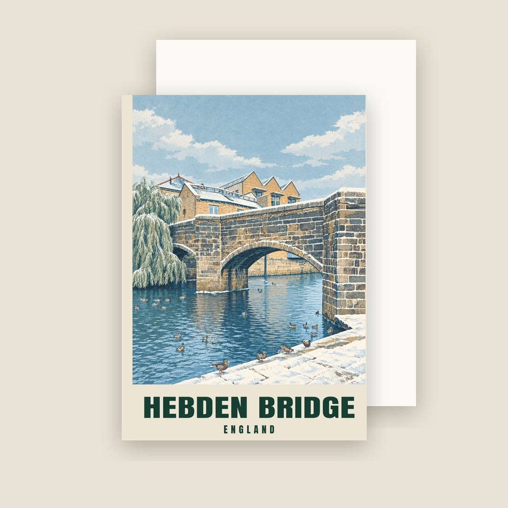 The Old Packhorse Bridge, Hebden Bridge winter Christmas card with its envelope