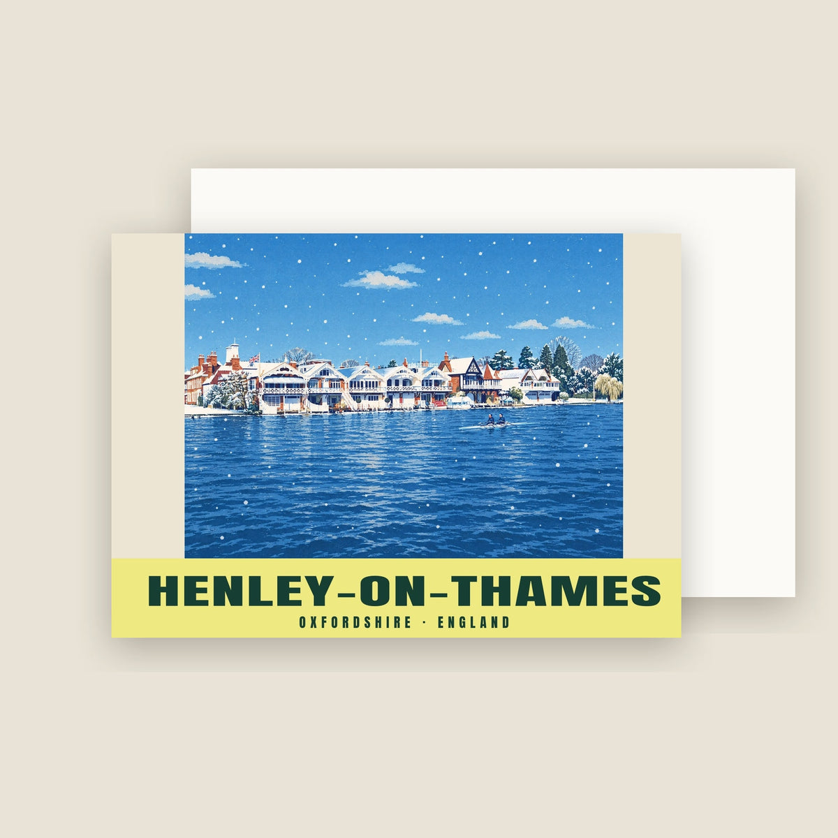 Riverside boathouses, Henley-on-Thames winter Christmas card with its envelope