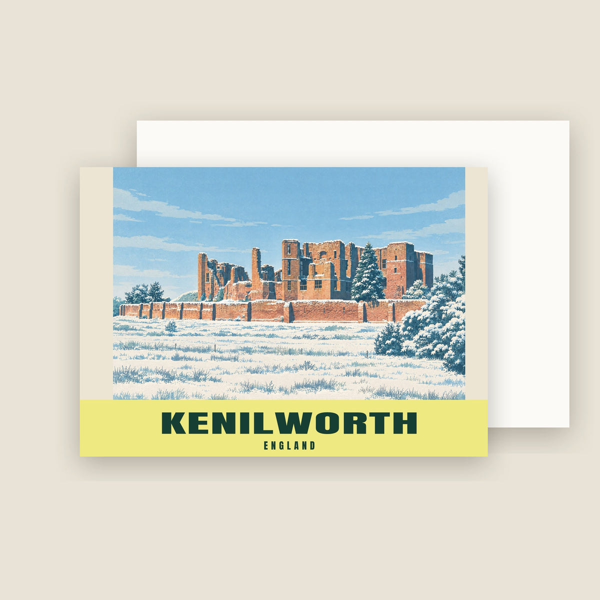 Kenilworth Castle winter Christmas card with its envelope