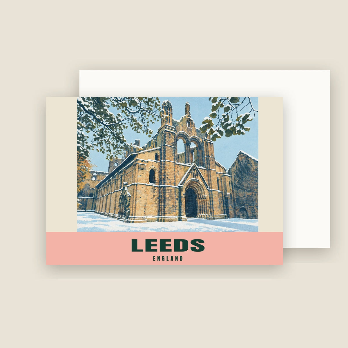Kirkstall Abbey, Leeds winter Christmas card with its envelope