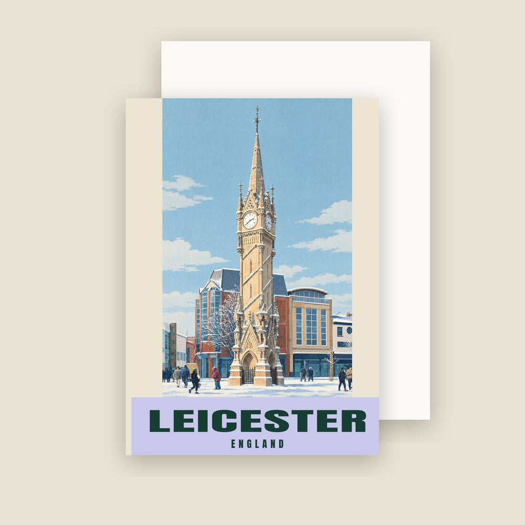 The Clock Tower, Leicester winter Christmas card with its envelope