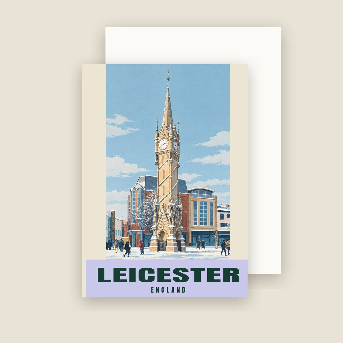 The Clock Tower, Leicester winter Christmas card with its envelope