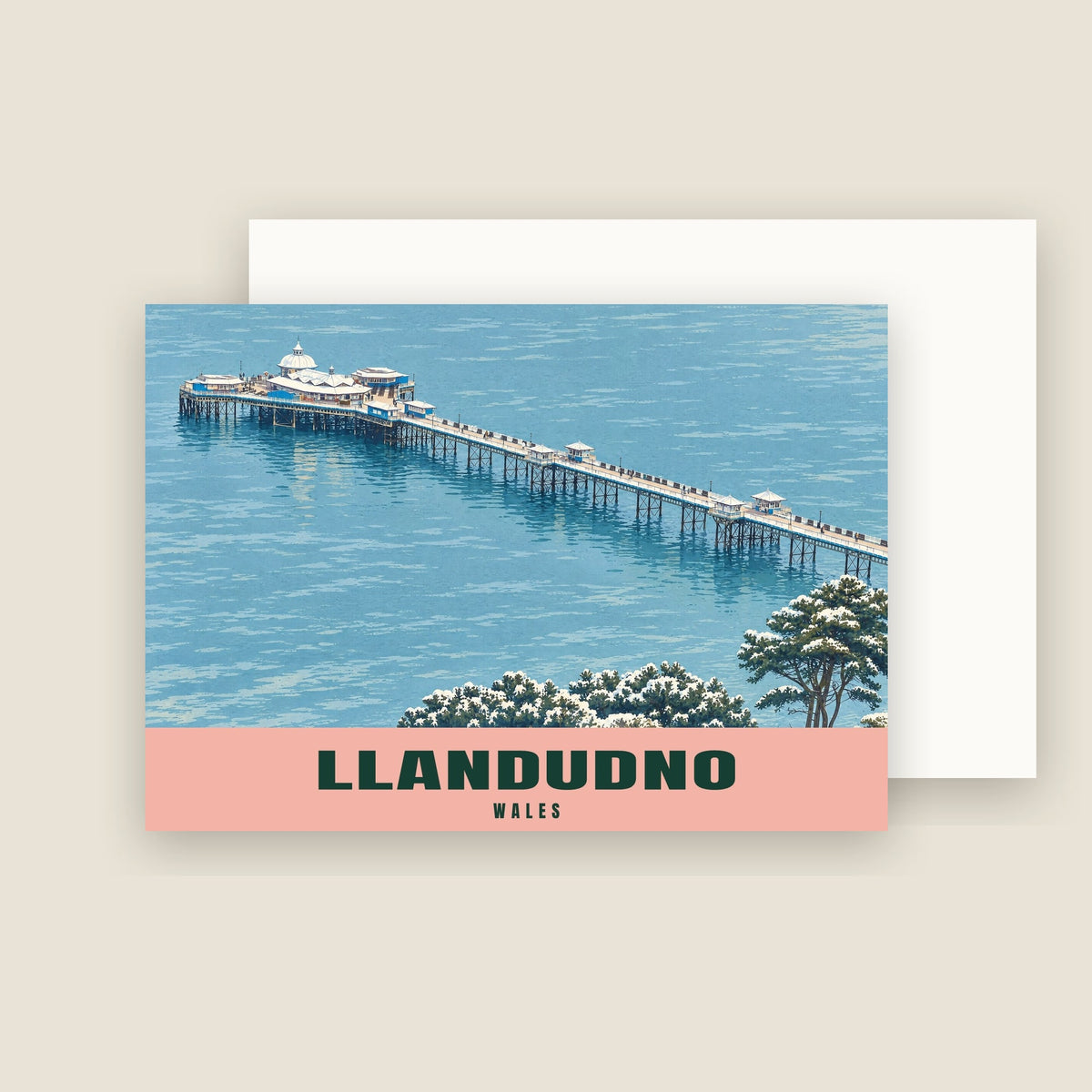 Llandudno Pier winter Christmas card with its envelope