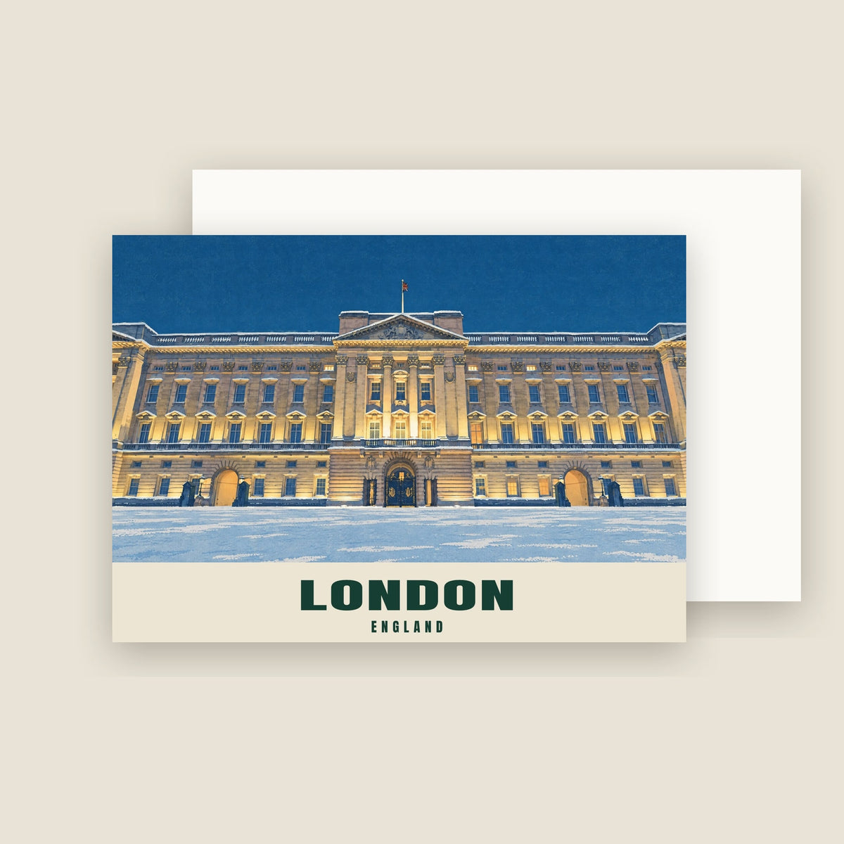 Buckingham Palace, London winter Christmas card with its envelope