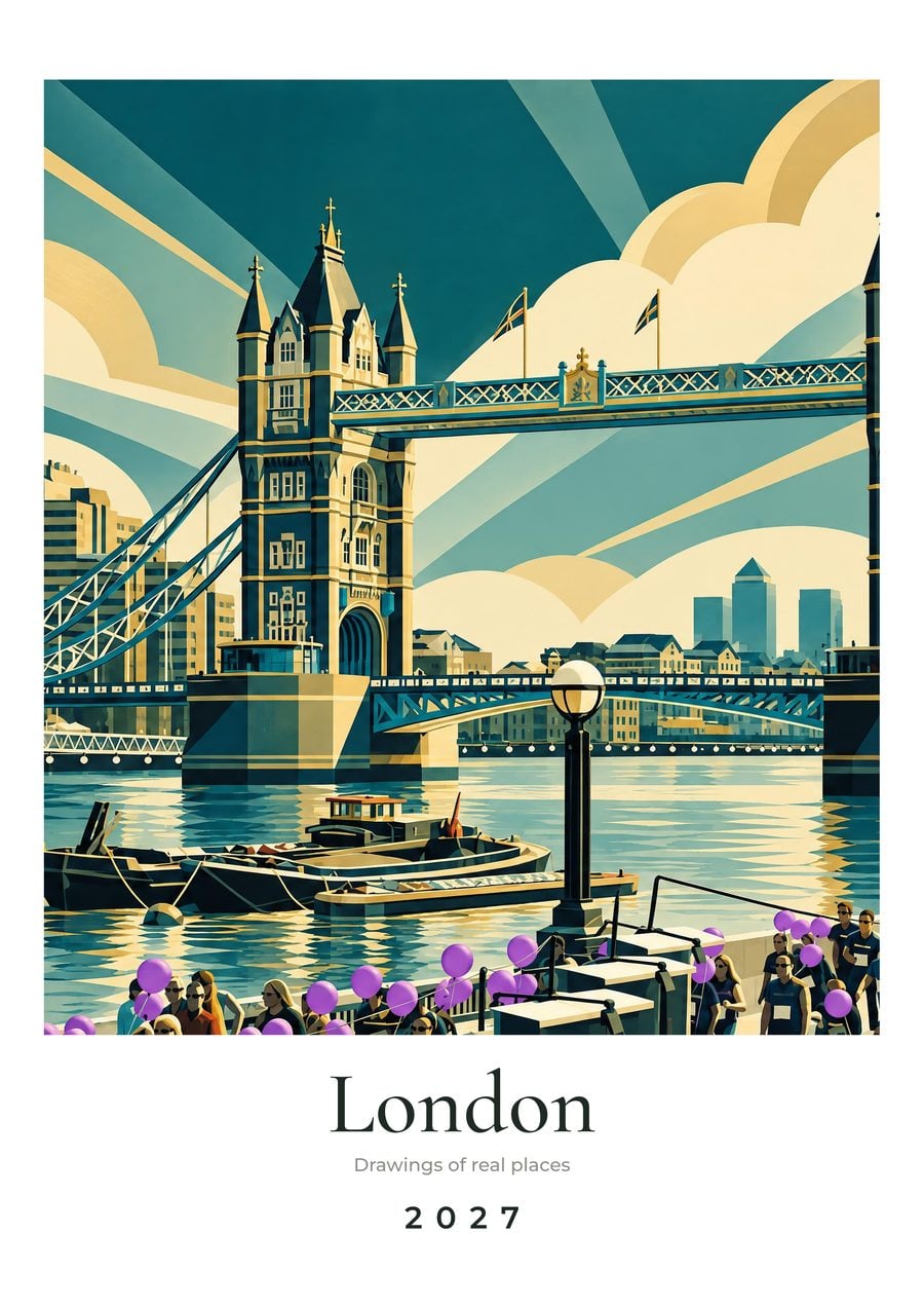London Wall Calendar 2027: the cover, our drawing of Tower Bridge, London