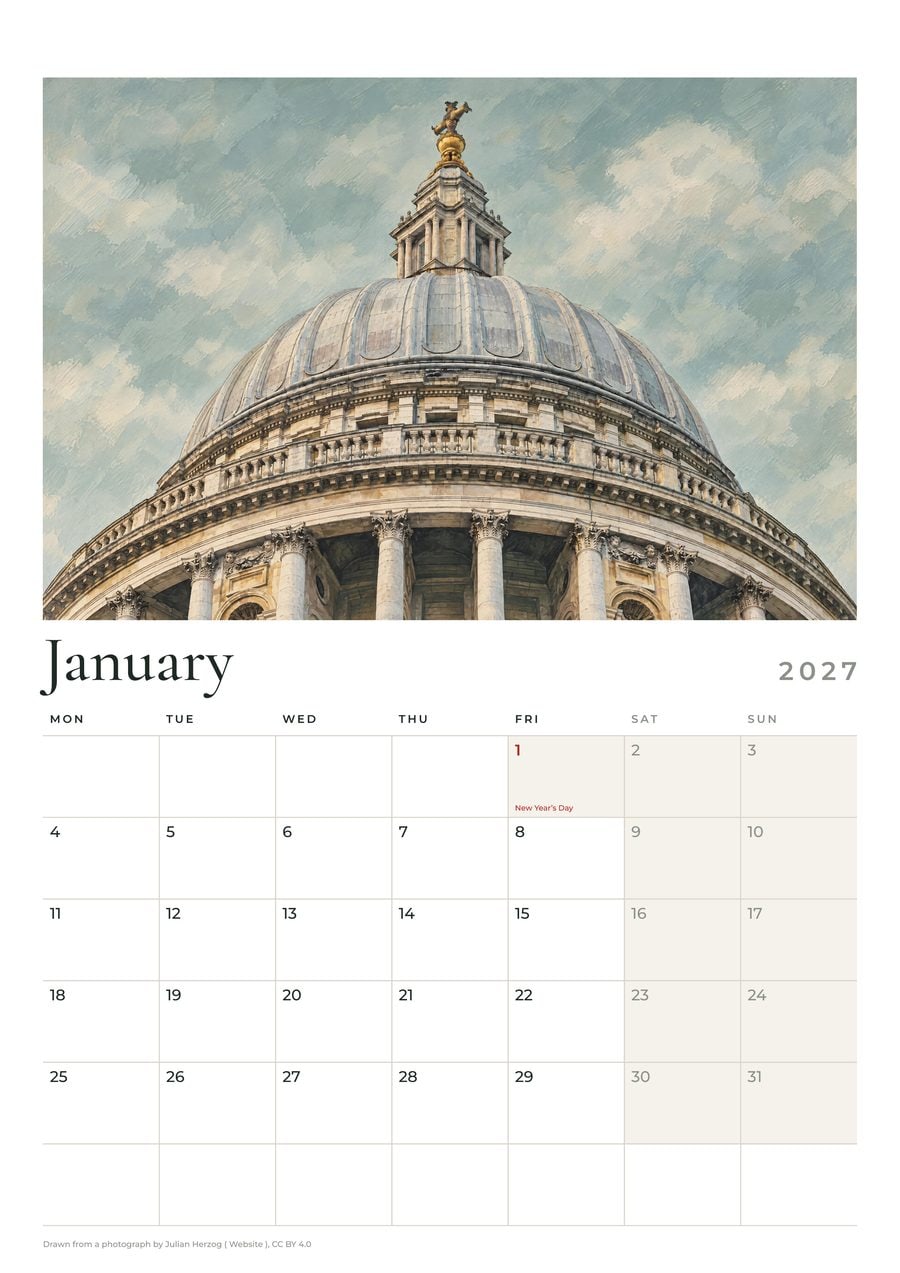 A month page from the London calendar: St Paul's Cathedral, London above January 2027