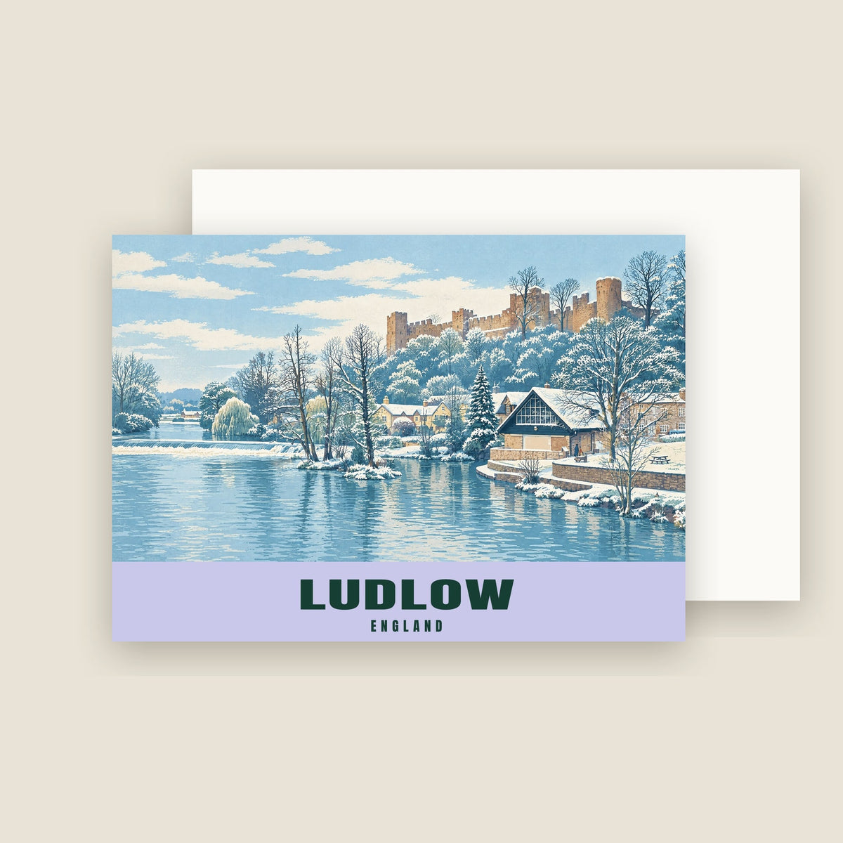 Ludlow Castle winter Christmas card with its envelope