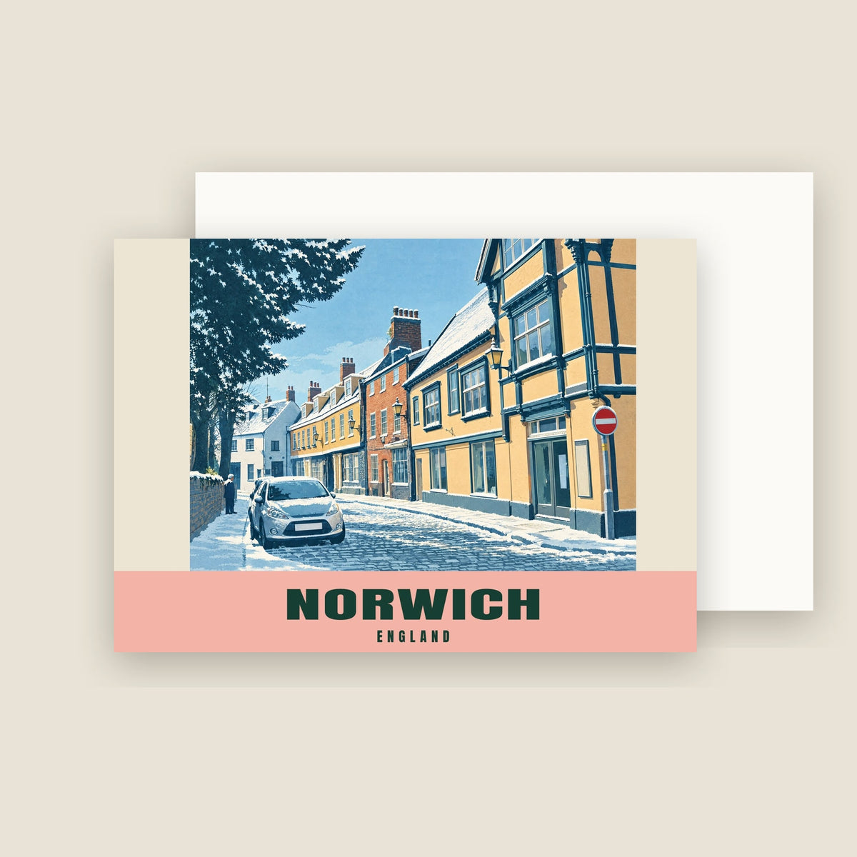 Elm Hill, Norwich winter Christmas card with its envelope