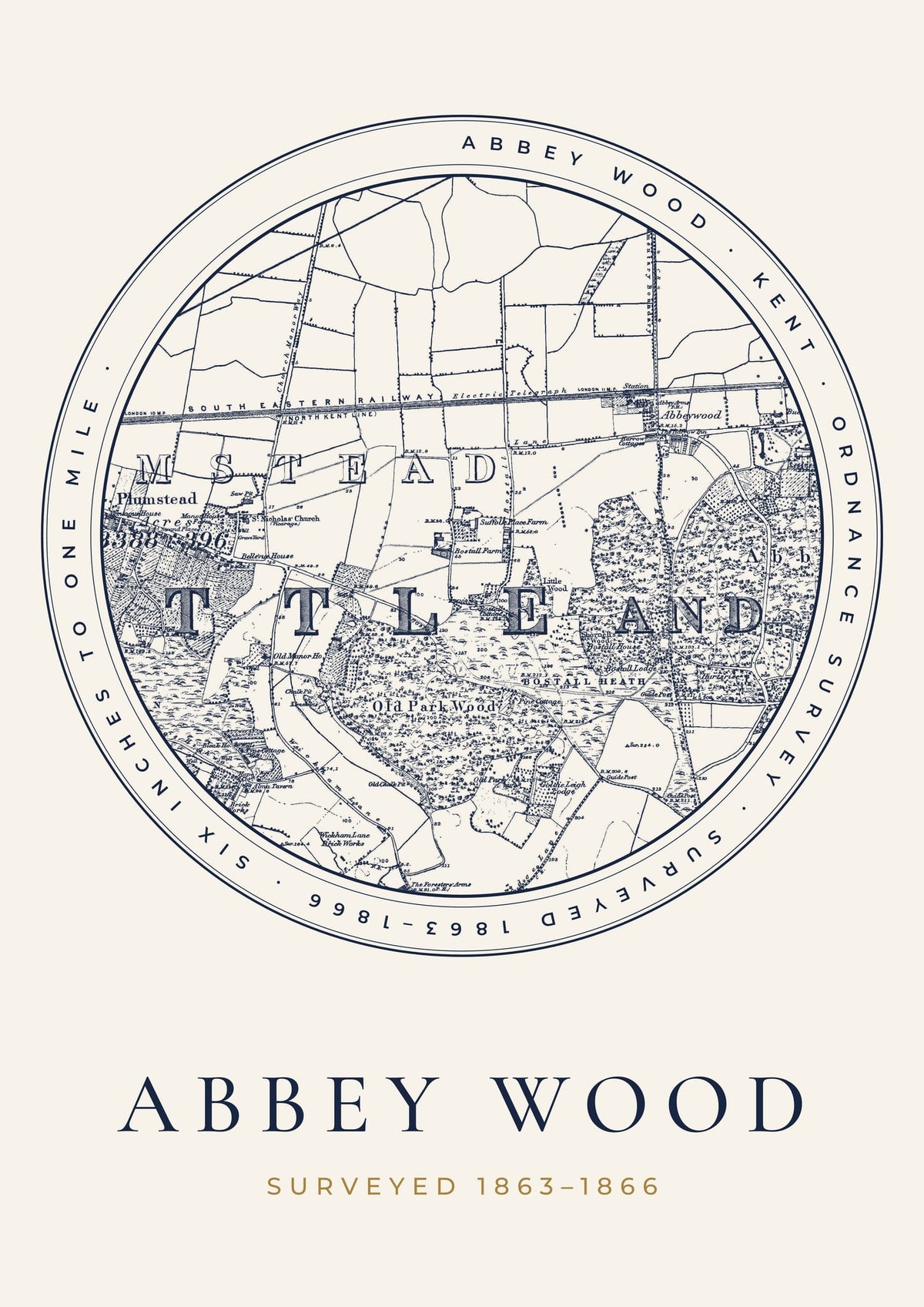 Abbey Wood old Ordnance Survey map print, surveyed 1863–1866, Roundel design