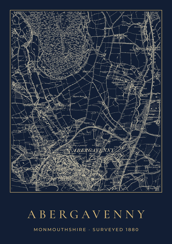 Abergavenny in 1880 Old Map Print — Night Ink