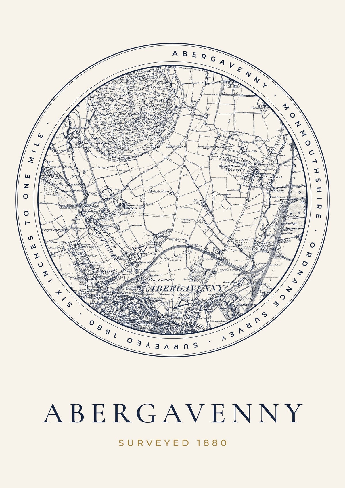Abergavenny old Ordnance Survey map print, surveyed 1880, Roundel design