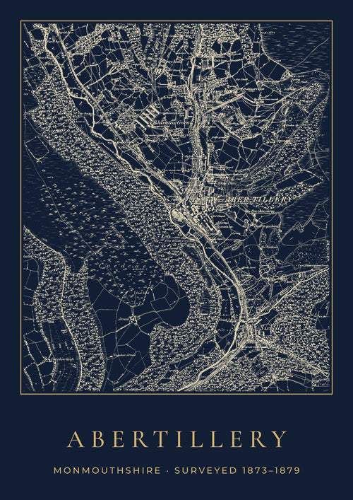 Abertillery old Ordnance Survey map print, surveyed 1873–1879, Night Ink design