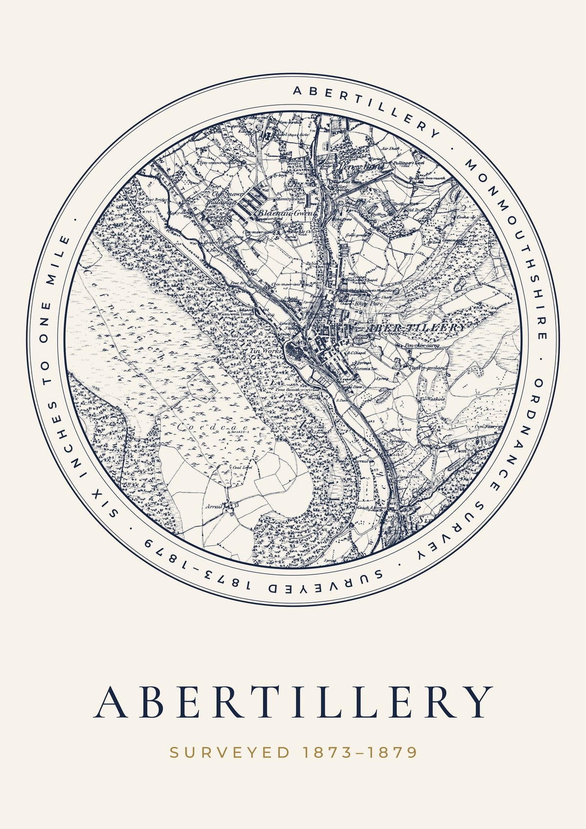 Abertillery old Ordnance Survey map print, surveyed 1873–1879, Roundel design