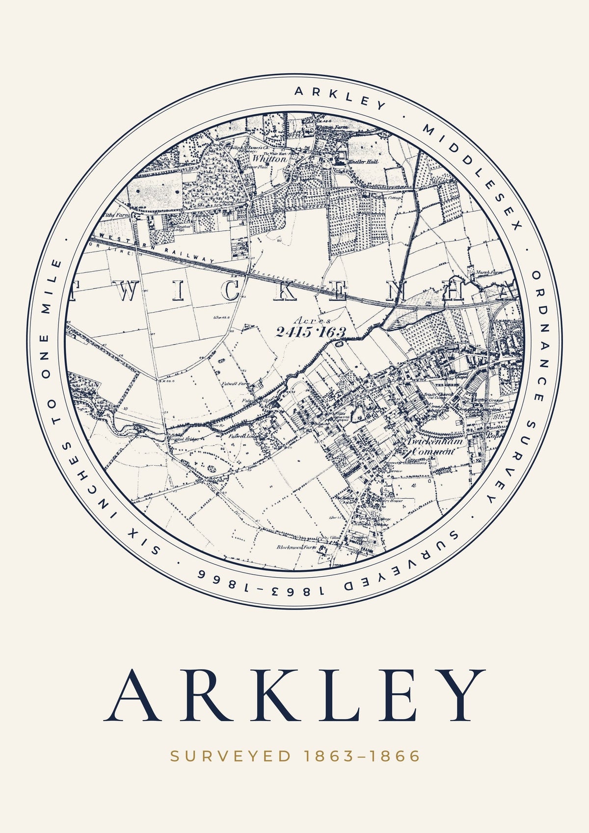 Arkley old Ordnance Survey map print, surveyed 1863–1866, Roundel design