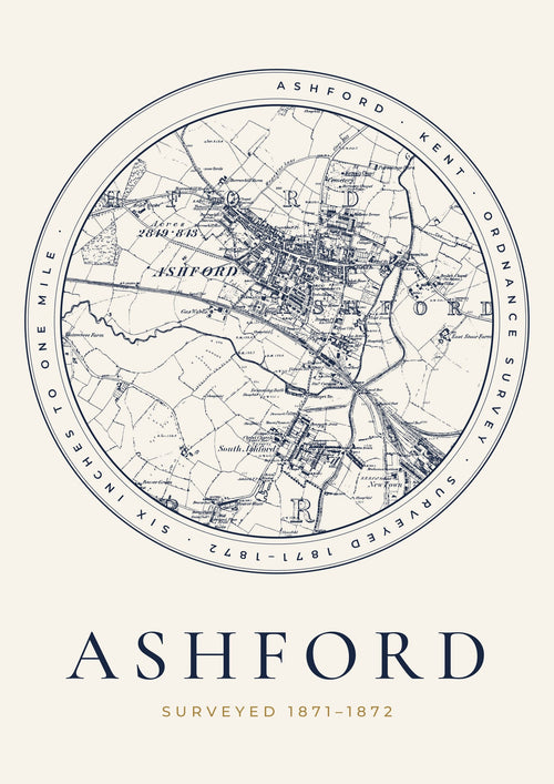 Ashford old Ordnance Survey map print, surveyed 1871–1872, Roundel design