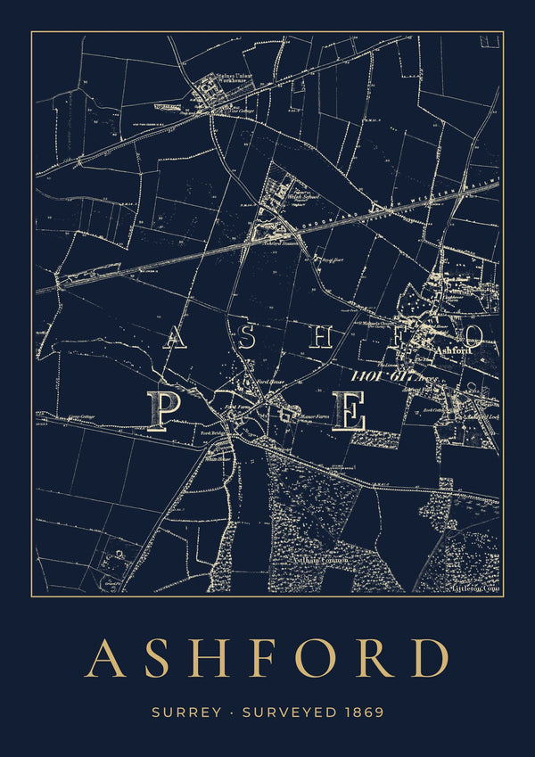 Ashford in 1869 Old Map Print — Night Ink