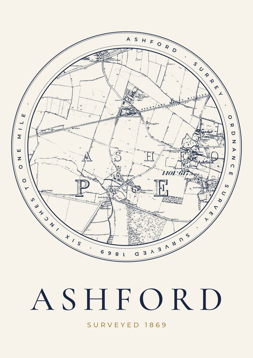 Ashford old Ordnance Survey map print, surveyed 1869, Roundel design