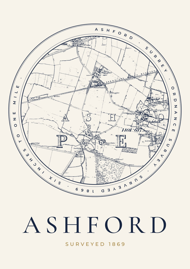 Ashford in 1869 Old Map Print — Roundel