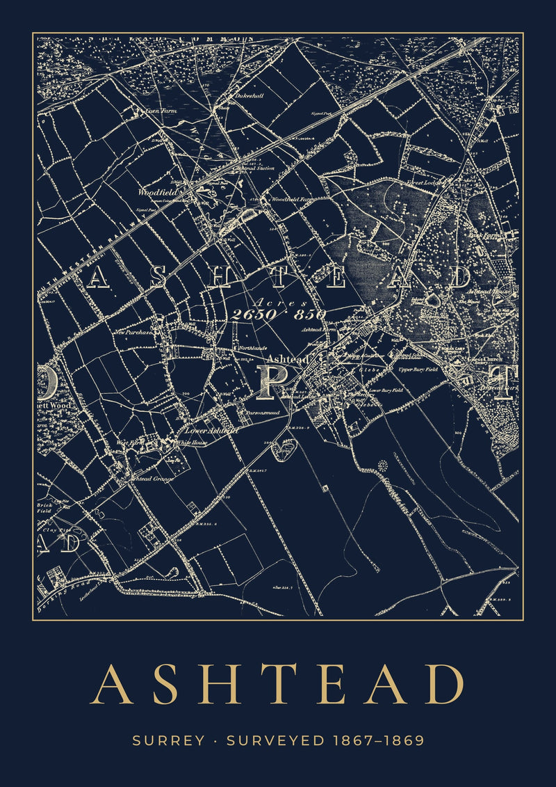Ashtead in 1869 Old Map Print — Night Ink