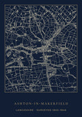 Ashton-in-Makerfield old Ordnance Survey map print, surveyed 1845–1846, Night Ink design