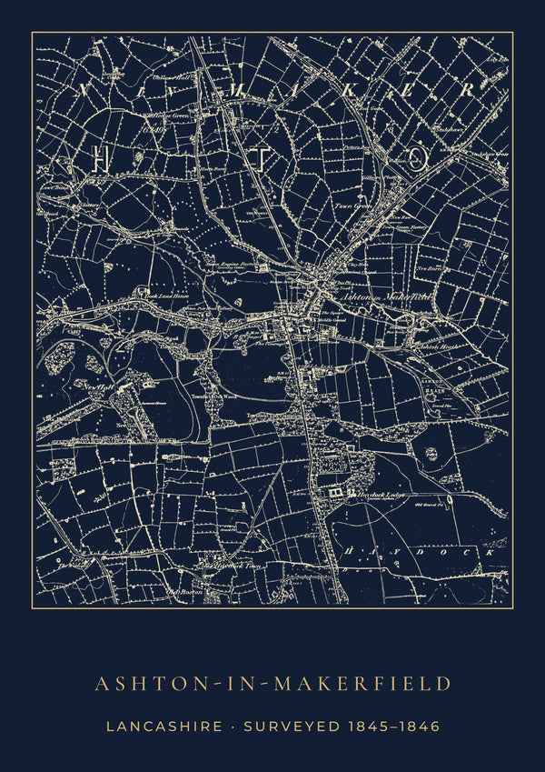 Ashton-in-Makerfield in 1846 Old Map Print — Night Ink