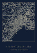 Ashton-under-Lyne old Ordnance Survey map print, surveyed 1845, Night Ink design