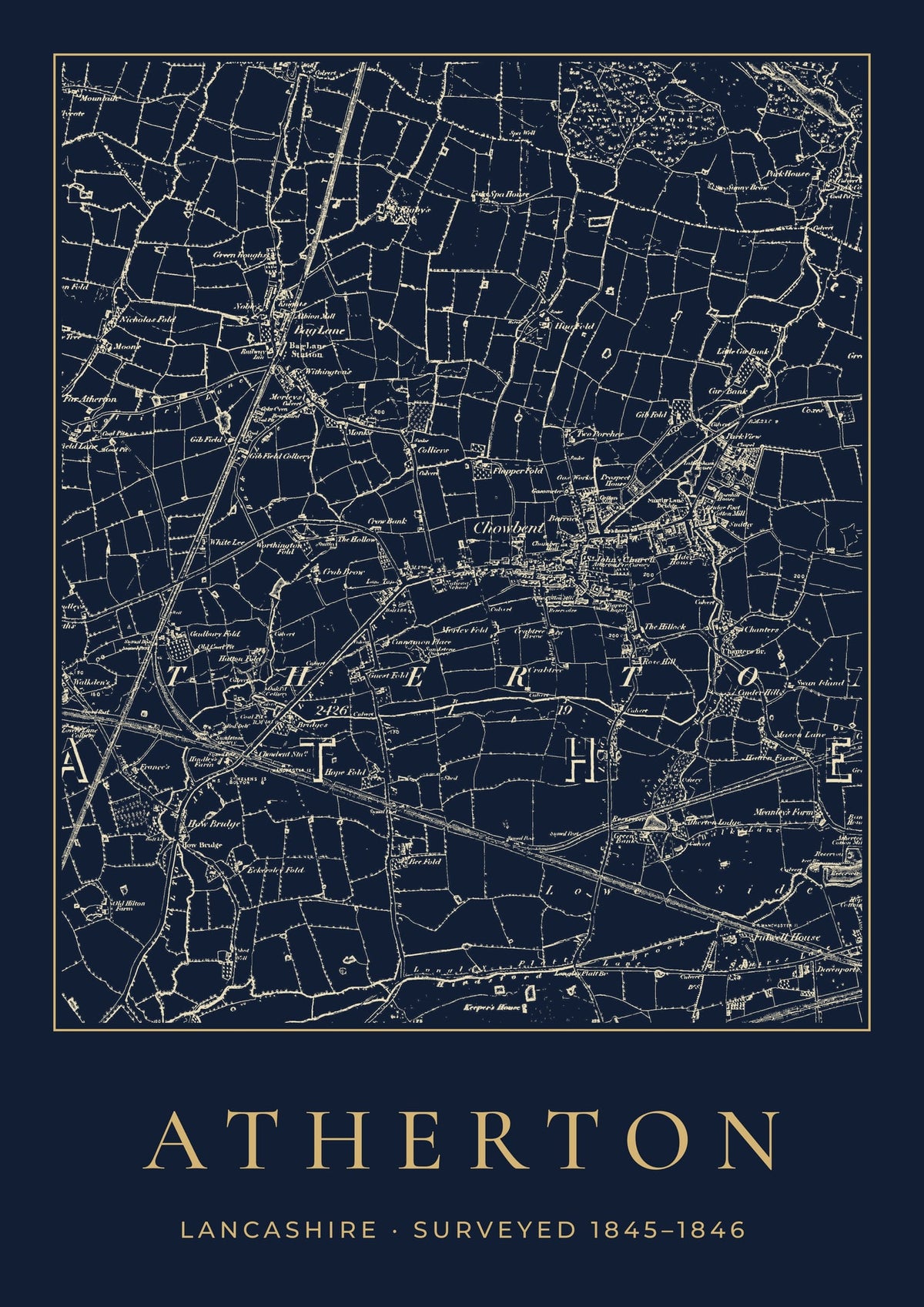 Atherton old Ordnance Survey map print, surveyed 1845–1846, Night Ink design