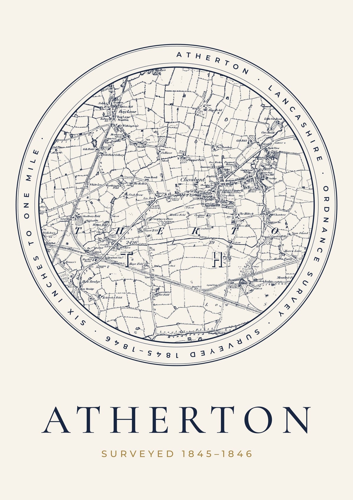 Atherton old Ordnance Survey map print, surveyed 1845–1846, Roundel design