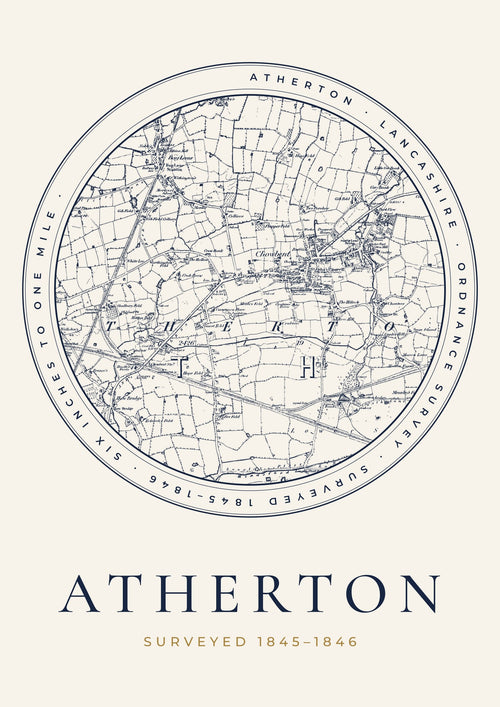 Atherton old Ordnance Survey map print, surveyed 1845–1846, Roundel design