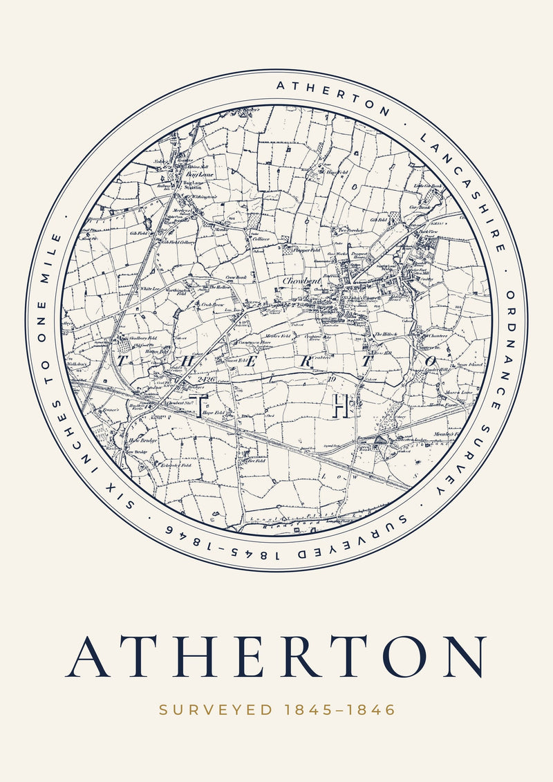 Atherton in 1846 Old Map Print — Roundel