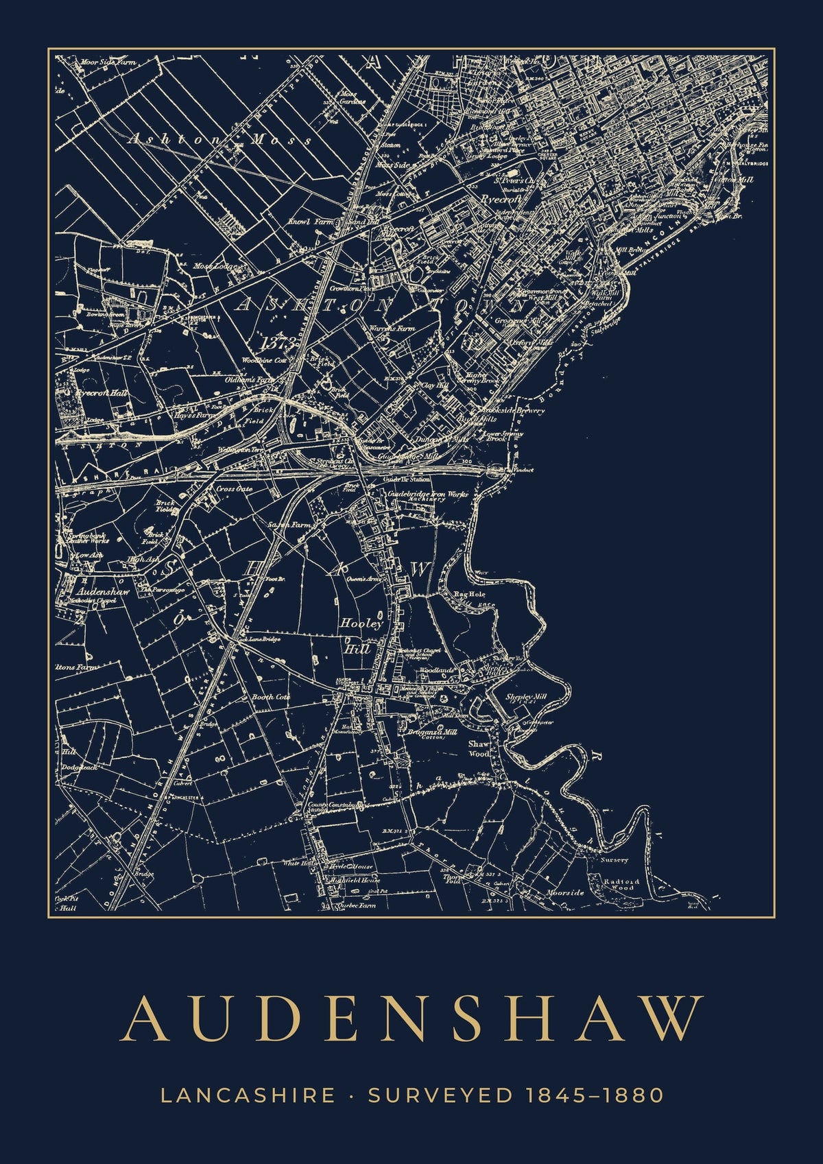 Audenshaw old Ordnance Survey map print, surveyed 1845–1880, Night Ink design