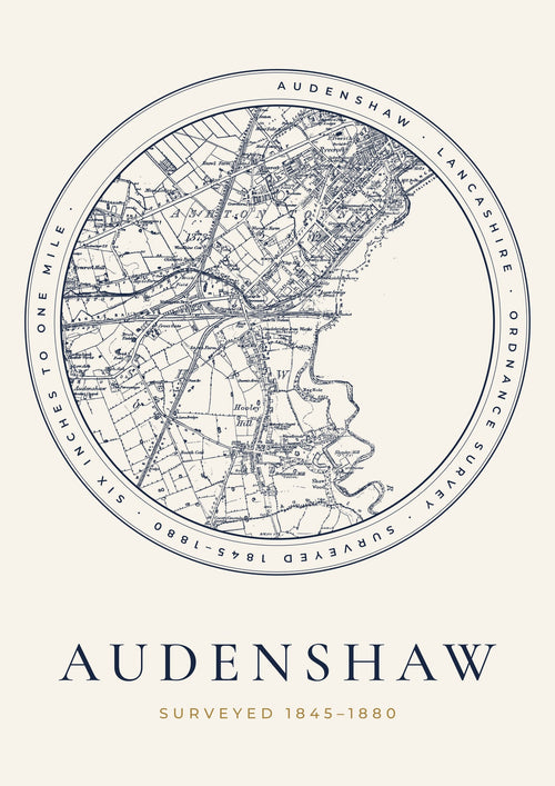 Audenshaw old Ordnance Survey map print, surveyed 1845–1880, Roundel design