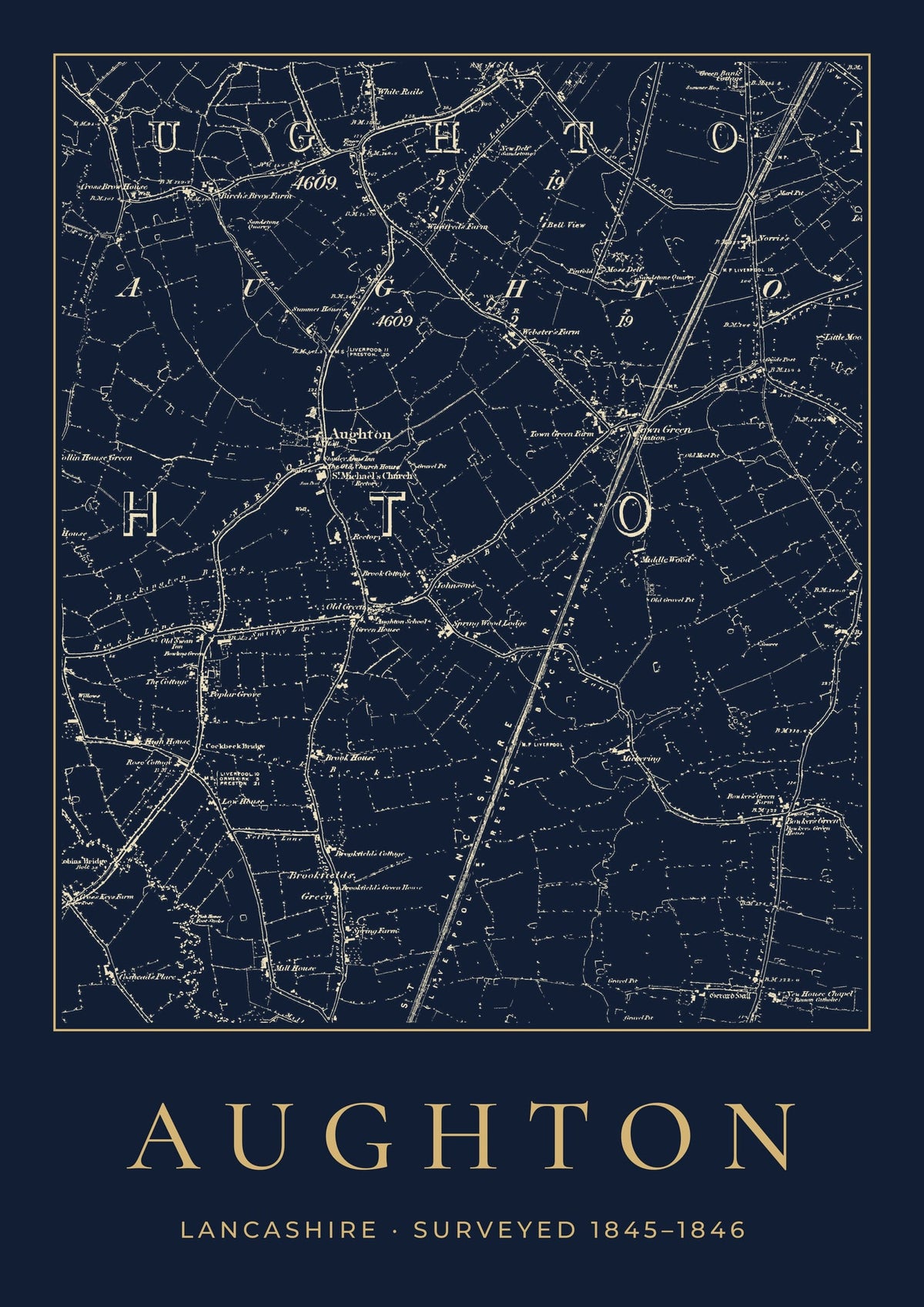 Aughton old Ordnance Survey map print, surveyed 1845–1846, Night Ink design