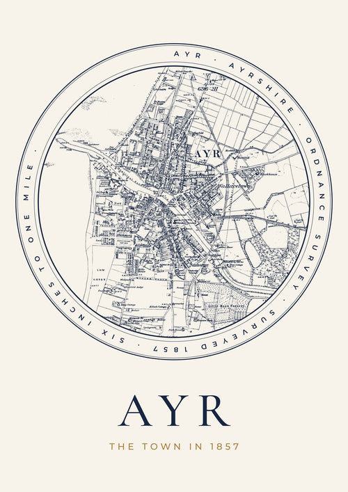 Ayr old Ordnance Survey map print, surveyed 1857, Roundel design