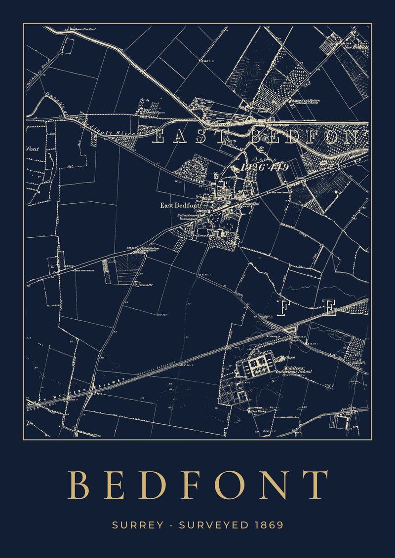 Bedfont in 1869 Old Map Print — Night Ink