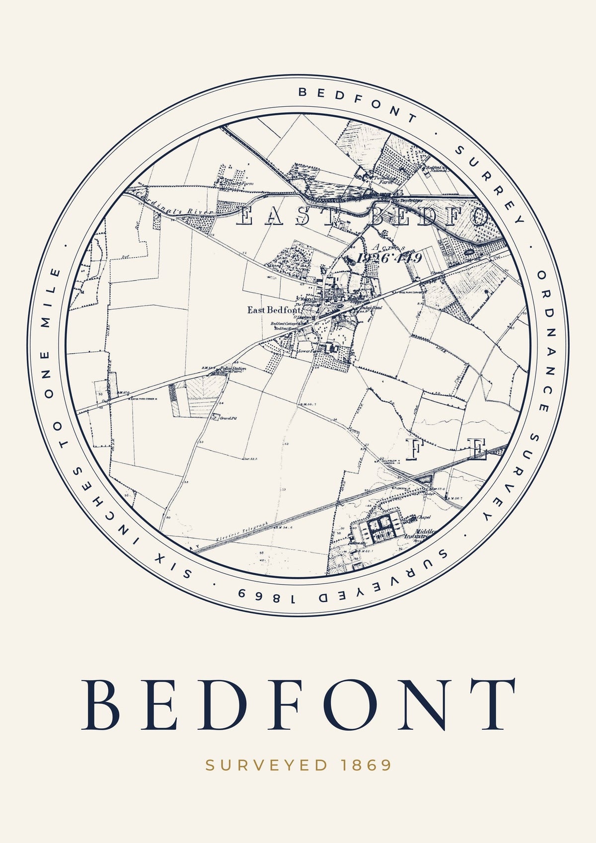Bedfont old Ordnance Survey map print, surveyed 1869, Roundel design