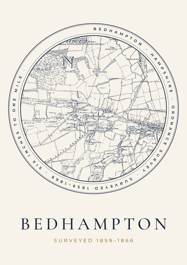 Bedhampton in 1866 Old Map Print — Roundel