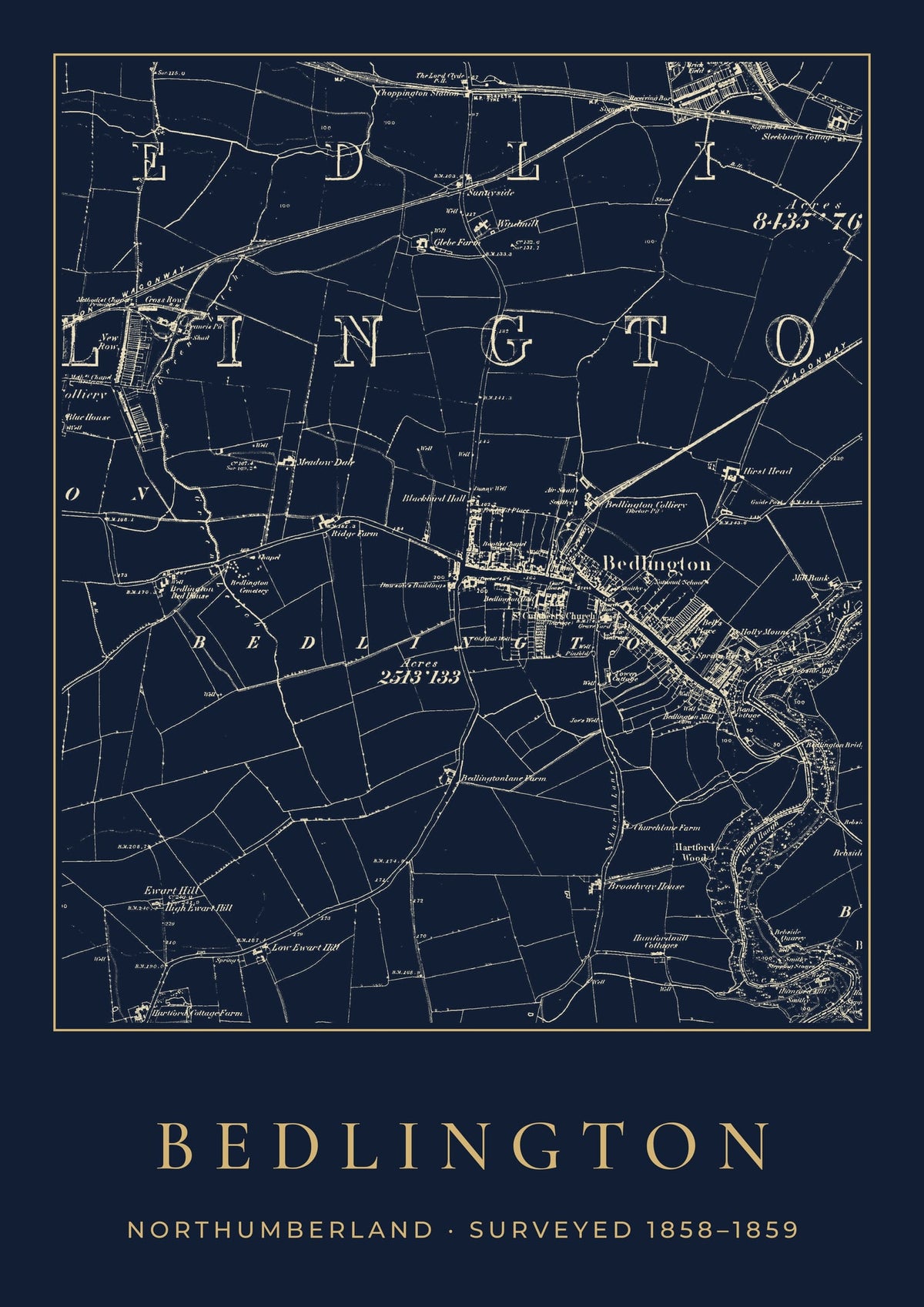 Bedlington old Ordnance Survey map print, surveyed 1858–1859, Night Ink design