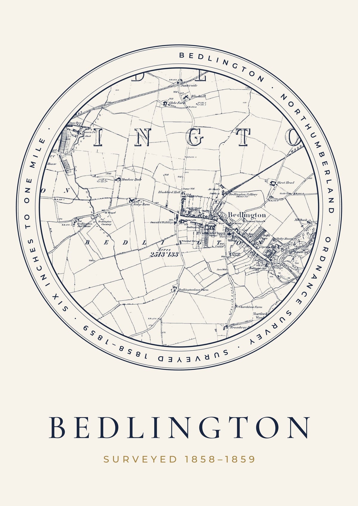 Bedlington old Ordnance Survey map print, surveyed 1858–1859, Roundel design