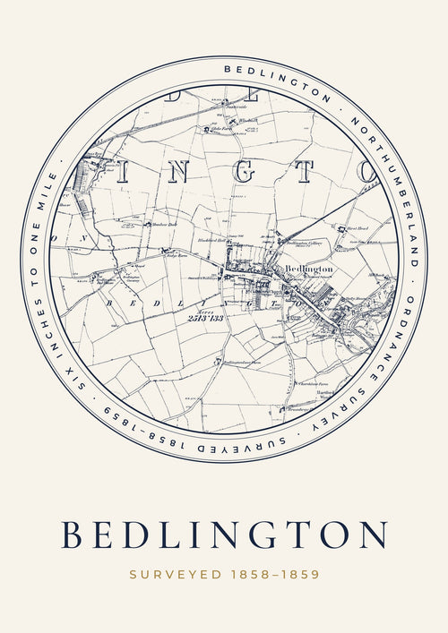 Bedlington old Ordnance Survey map print, surveyed 1858–1859, Roundel design