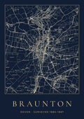 Braunton old Ordnance Survey map print, surveyed 1885–1887, Night Ink design
