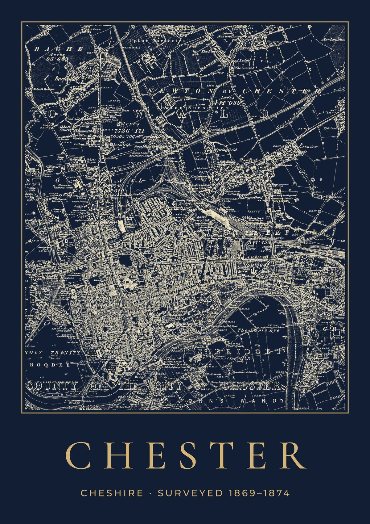 Chester old Ordnance Survey map print, surveyed 1869–1874, Night Ink design