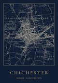 Chichester old Ordnance Survey map print, surveyed 1875, Night Ink design