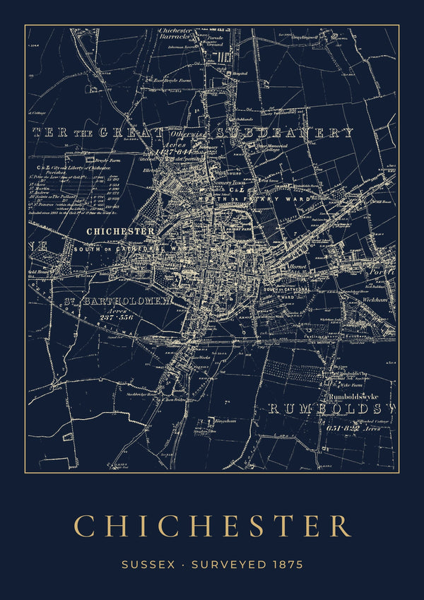 Chichester in 1875 Old Map Print — Night Ink