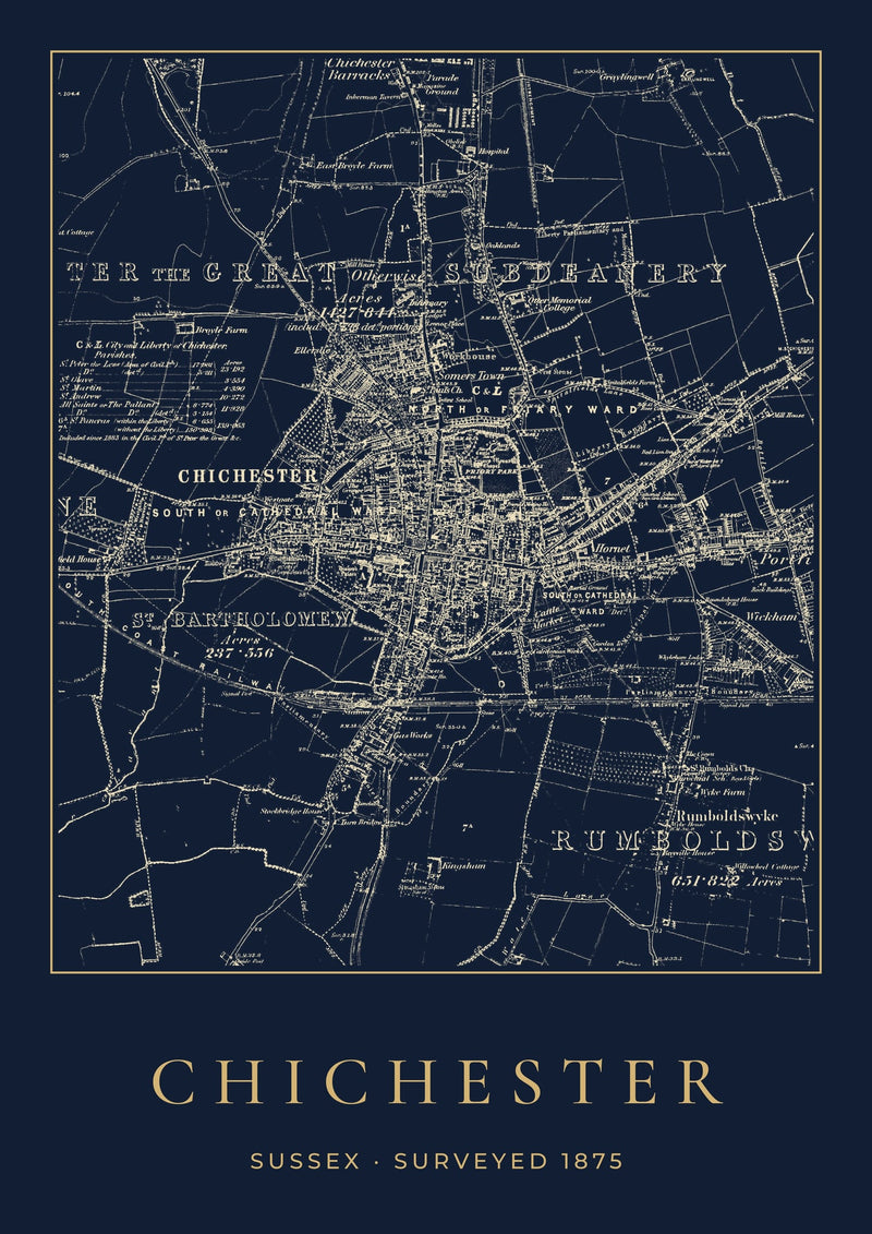 Chichester in 1875 Old Map Print — Night Ink