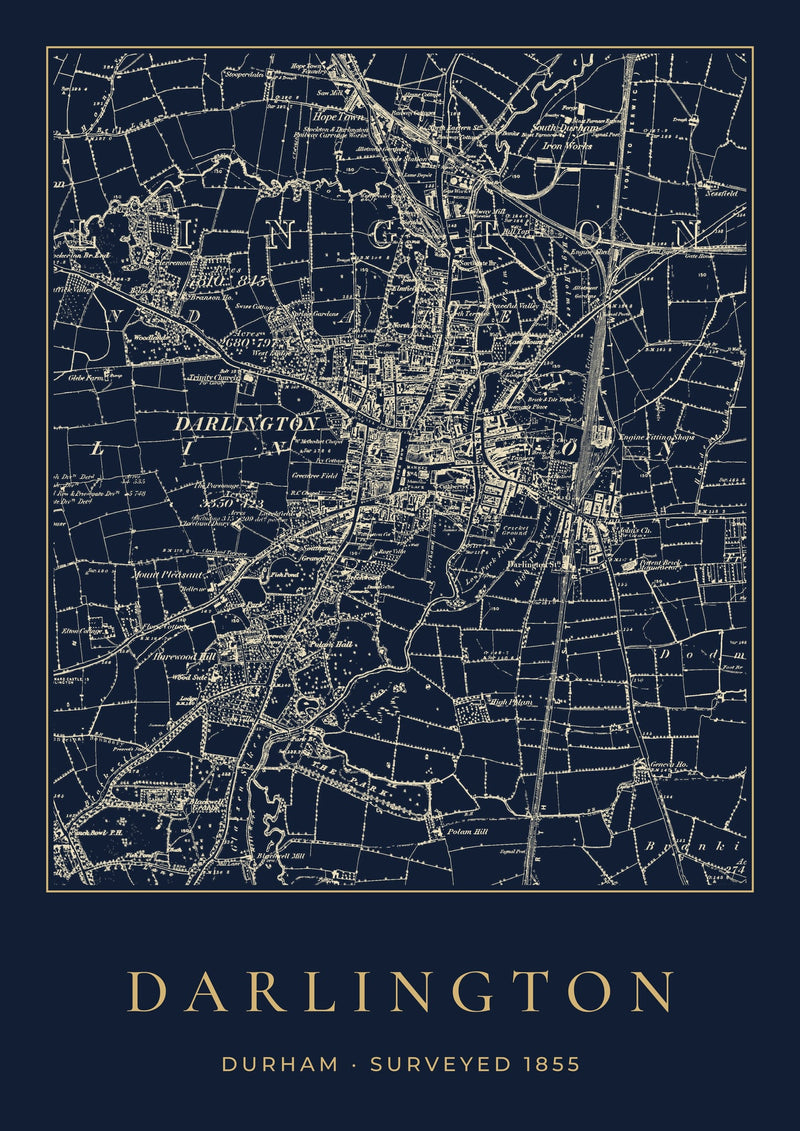 Darlington in 1855 Old Map Print — Night Ink