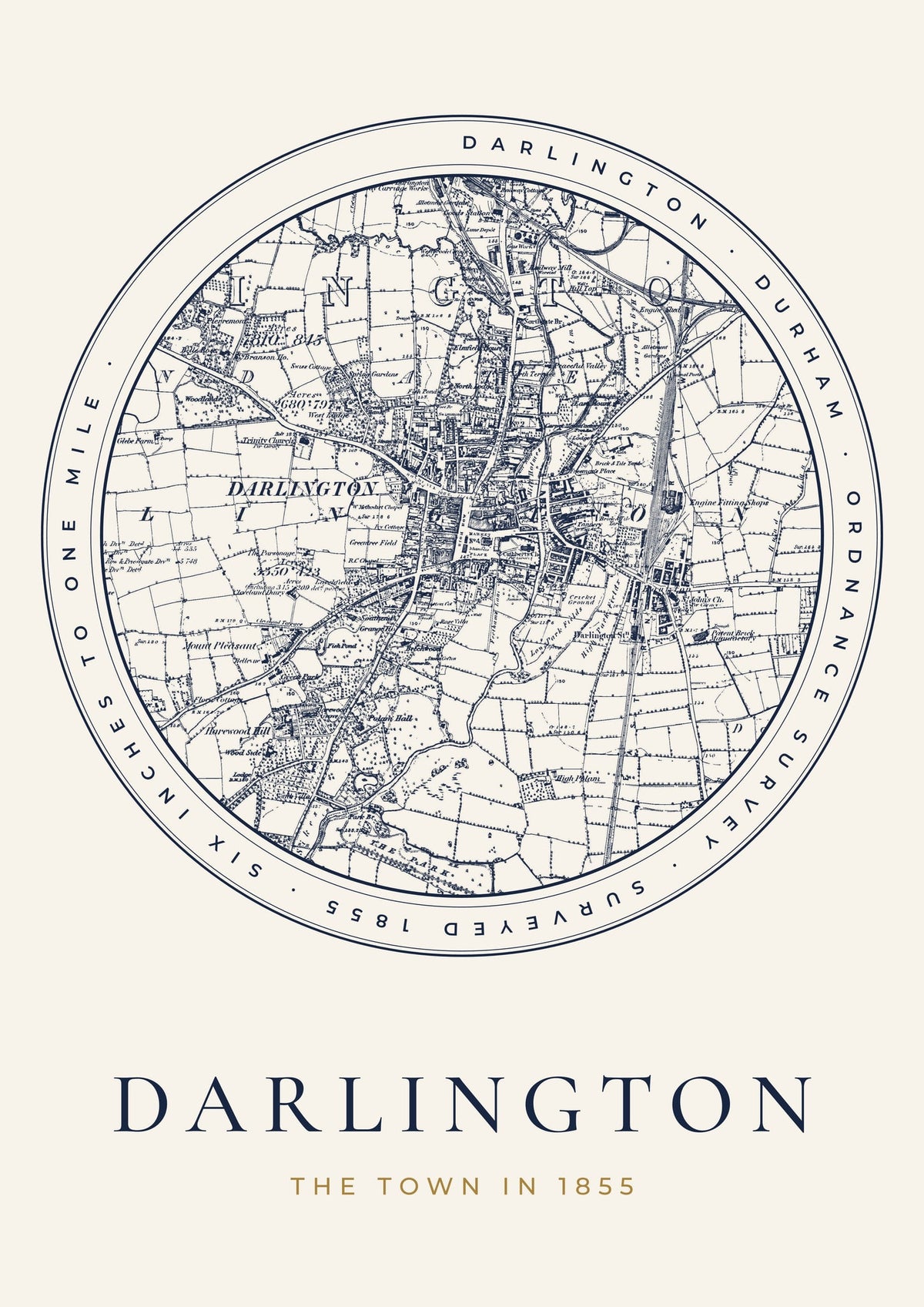 Darlington old Ordnance Survey map print, surveyed 1855, Roundel design